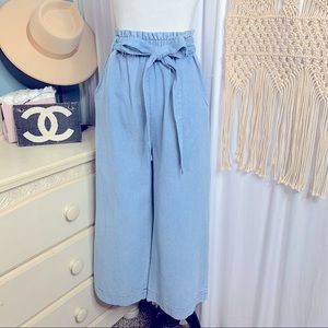 Alice Blue Paper Bag Wide Leg Crop Chambray Jeans